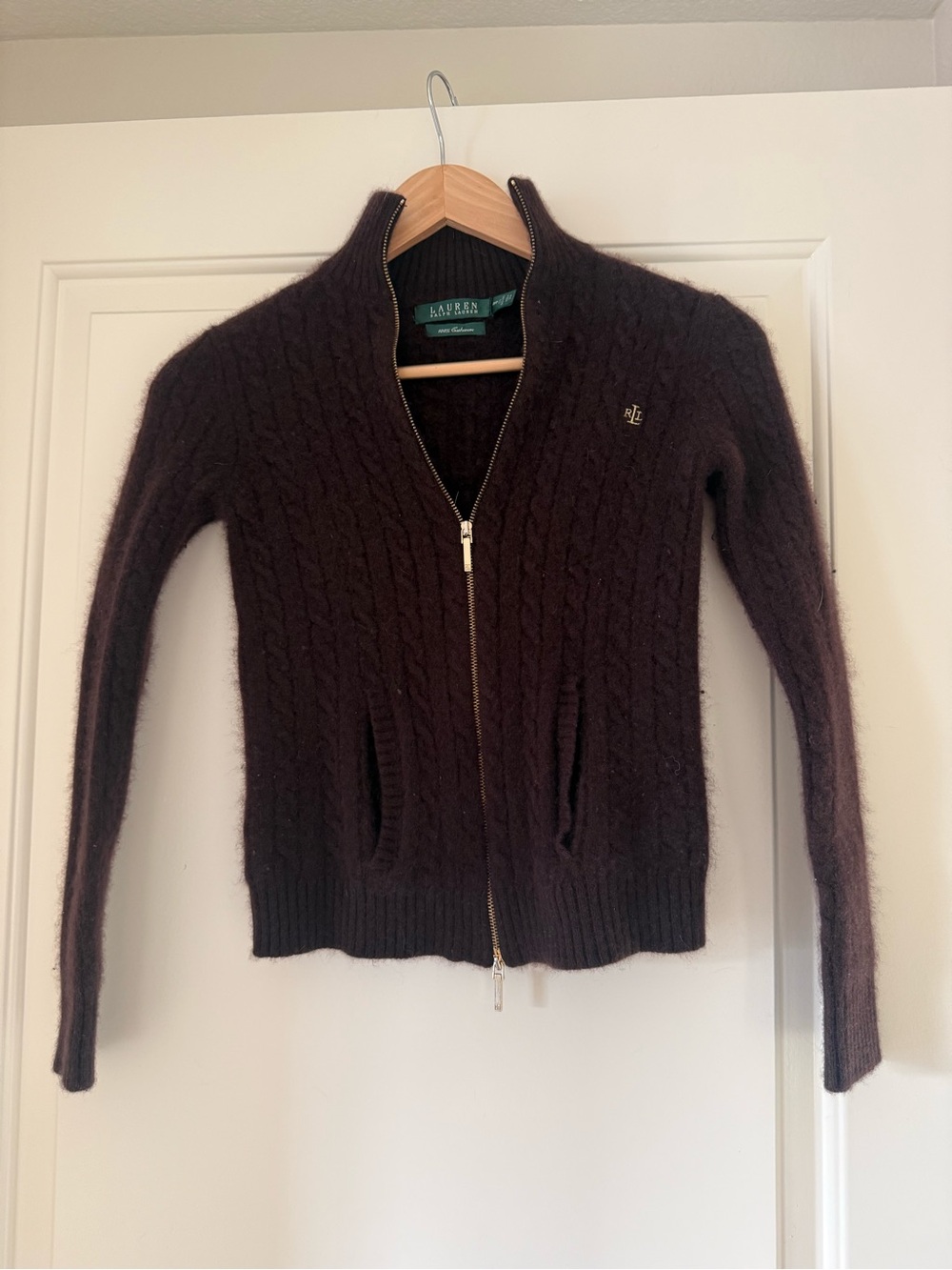 Ralph Lauren Dark Brown Cashmere Cable-Knit Zip Cardigan Small Petite